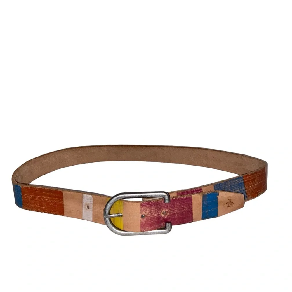 Genuine Leather Belt Made in India Multicolor Striped Silvertone Buckle 34-37”